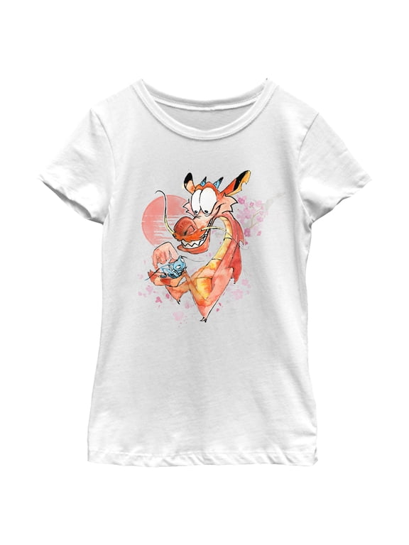 Girl's Mulan Watercolor Mushu and Cri-Kee Graphic Tee White Small
