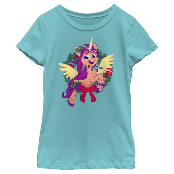 Girl's My Little Pony: A New Generation Sunny Starscout Christmas Wreath Graphic Tee Tahiti Blue Large
