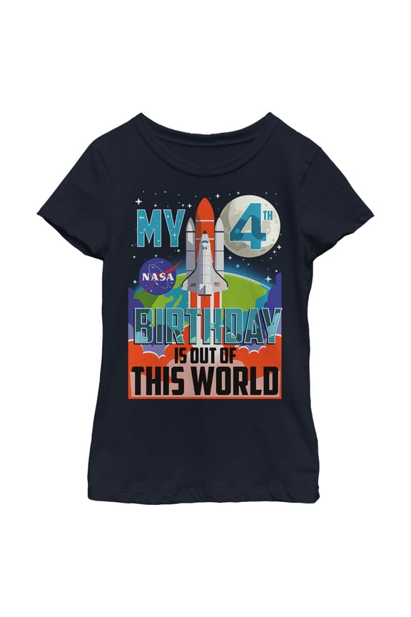 Girl's NASA My 4th Birthday Is Out Of The World Poster  Graphic Tee Navy Blue X Small