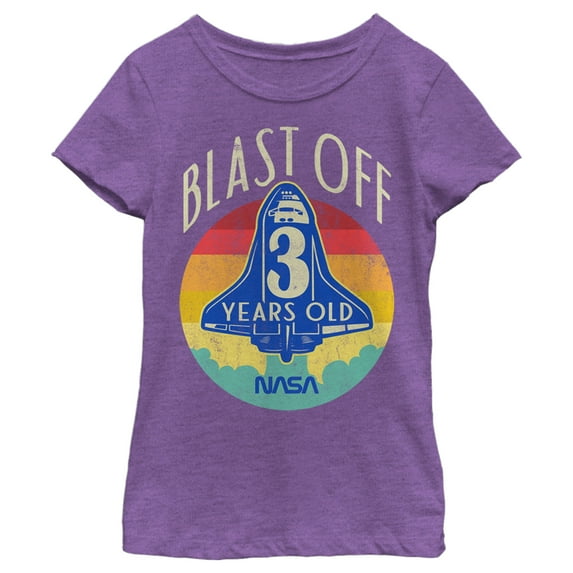Girl's NASA Space Shuttle Blast Off 3rd Birthday Retro Portrait Graphic Tee Purple Berry Small