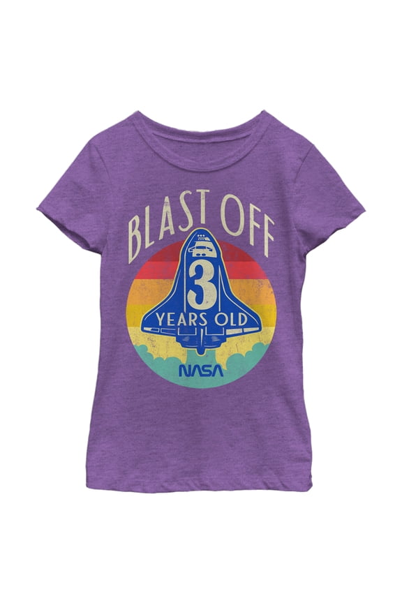 Girl's NASA Space Shuttle Blast Off 3rd Birthday Retro Portrait Graphic Tee Purple Berry X Small