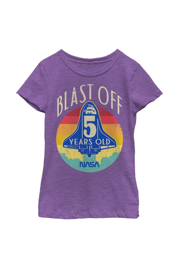 Girl's NASA Space Shuttle Blast Off 5th Birthday Retro Portrait  Graphic Tee Purple Berry Small