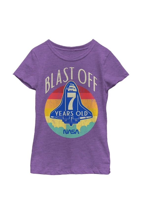 Girl's NASA Space Shuttle Blast Off 7th Birthday Retro Portrait Graphic Tee Purple Berry Medium