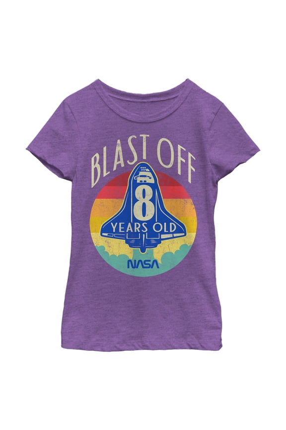 Girl's NASA Space Shuttle Blast Off 8th Birthday Retro Portrait Graphic Tee Purple Berry Medium
