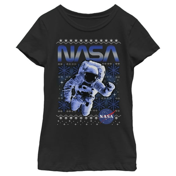 Girl's NASA Ugly Christmas Astronaut Print  Graphic Tee Black X Small