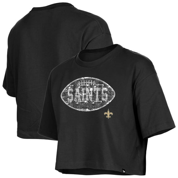 Girl's New Era Black New Orleans Saints Flip Sequin Boxy T-Shirt