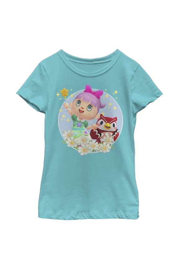 Girl's Nintendo Animal Crossing New Horizons Flower Magic Graphic Tee Tahiti Blue Large