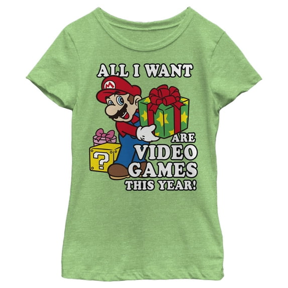 Girl's Nintendo Christmas Mario All I Want Are Video Games Graphic Tee Green Apple X Small