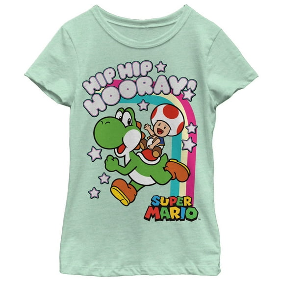 Girl's Nintendo Hip Hip Hooray Yoshi and Toad Graphic Tee Mint Medium