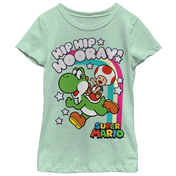 Girl's Nintendo Hip Hip Hooray Yoshi and Toad  Graphic Tee Mint Small