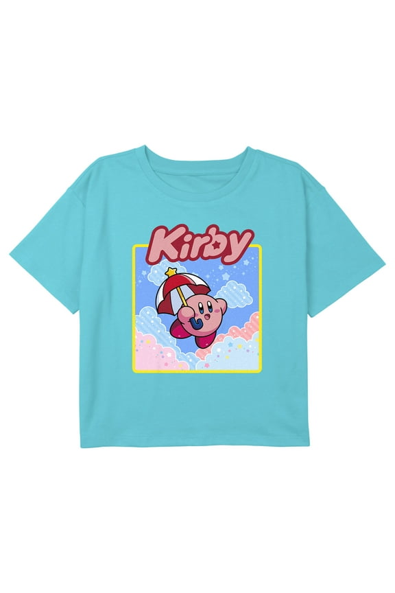 Girl's Nintendo Kirby Flying Umbrella Portrait Graphic Cropped T-Shirt Blue Large