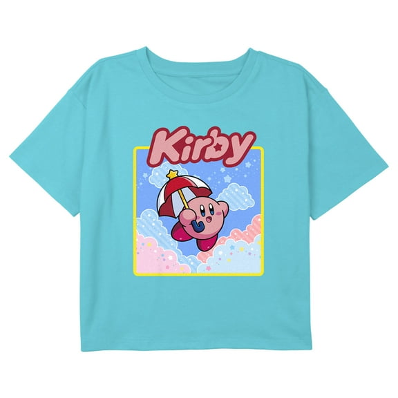 Girl's Nintendo Kirby Flying Umbrella Portrait Graphic Cropped T-Shirt Blue Medium