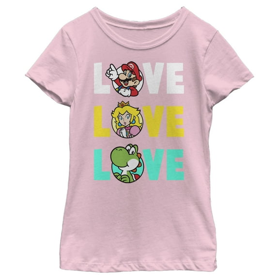 Girl's Nintendo Love with Mario, Princess Peach, and Yoshi Graphic Tee Light Pink Small