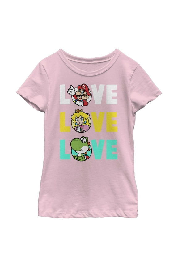 Girl's Nintendo Love with Mario, Princess Peach, and Yoshi Graphic Tee Light Pink X Large