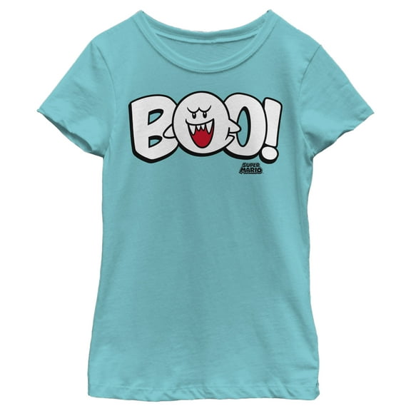 Girl's Nintendo Mario Boo! Bubble Text  Graphic Tee Tahiti Blue Large