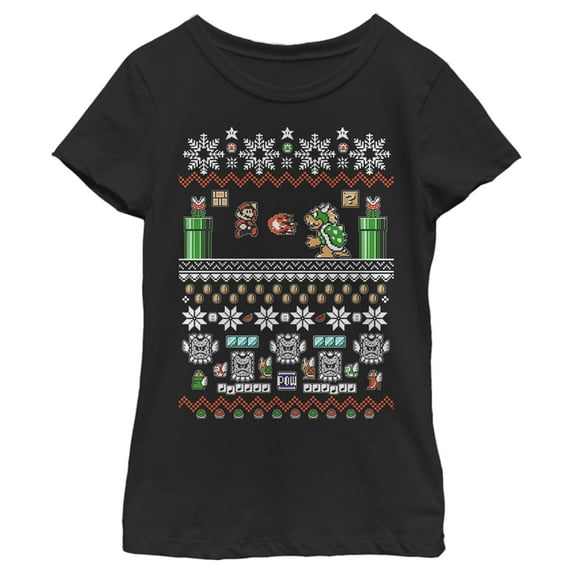 Girl's Nintendo Mario and Bowser Ugly Christmas Sweater Graphic Tee Black X Small