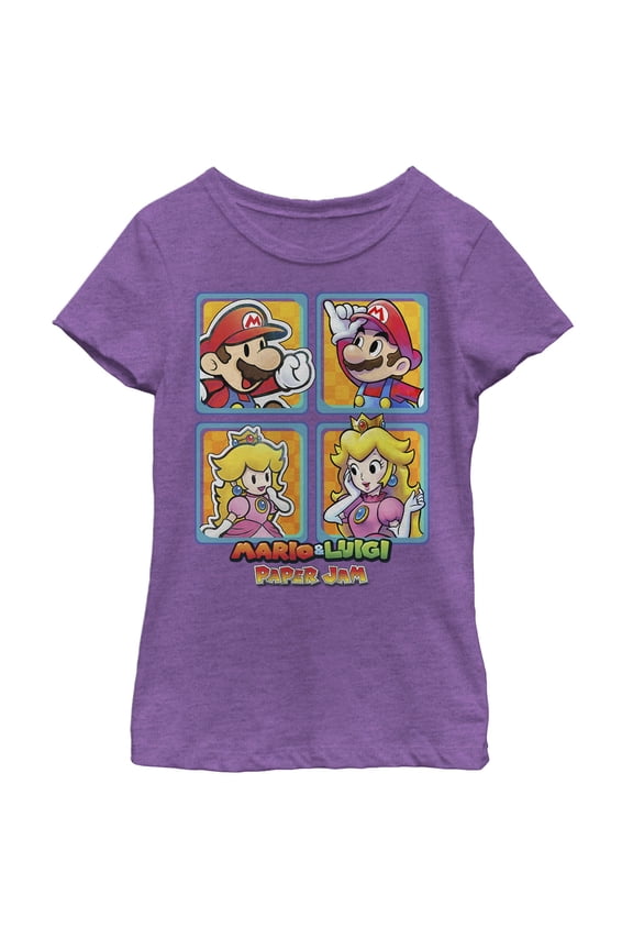 Girl's Nintendo Mario and Luigi Paper Jam Princess Peach Graphic Tee Purple Berry Large
