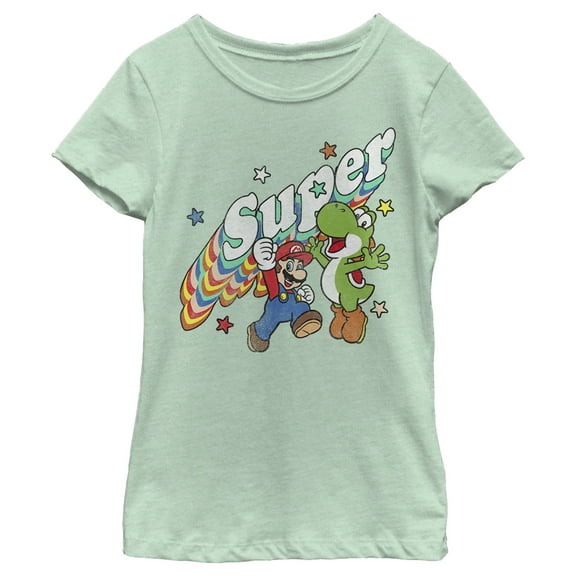 Girl's Nintendo Mario and Yoshi Retro Super Graphic Tee Mint Small