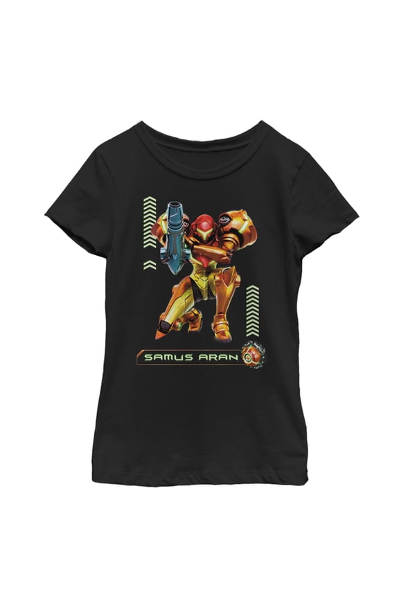 Girl's Nintendo Metroid Samus Pose  Graphic Tee Black Small