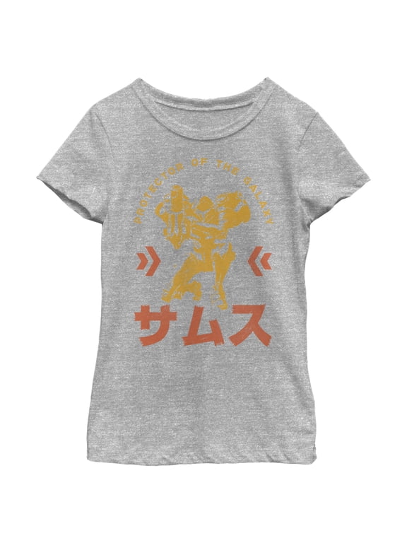 Girl's Nintendo Metroid Samus Protector of the Universe Kanji Graphic Tee Athletic Heather Medium