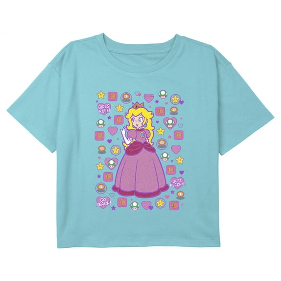 Girl's Nintendo Princess Peach Cute Icons Graphic Cropped T-Shirt Blue Medium