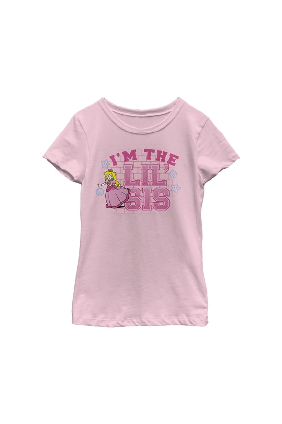 Girl's Nintendo Princess Peach Lil' Sis Graphic Tee Light Pink X Small