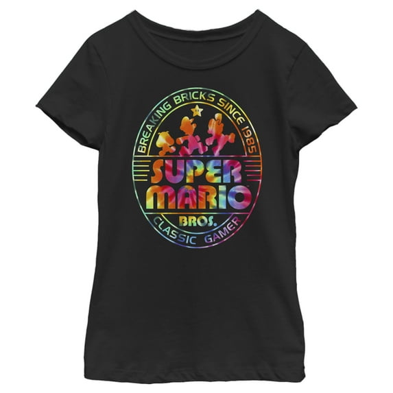 Girl's Nintendo Super Mario Brick Break 85 Tie-Dye Logo Graphic Tee Black Large
