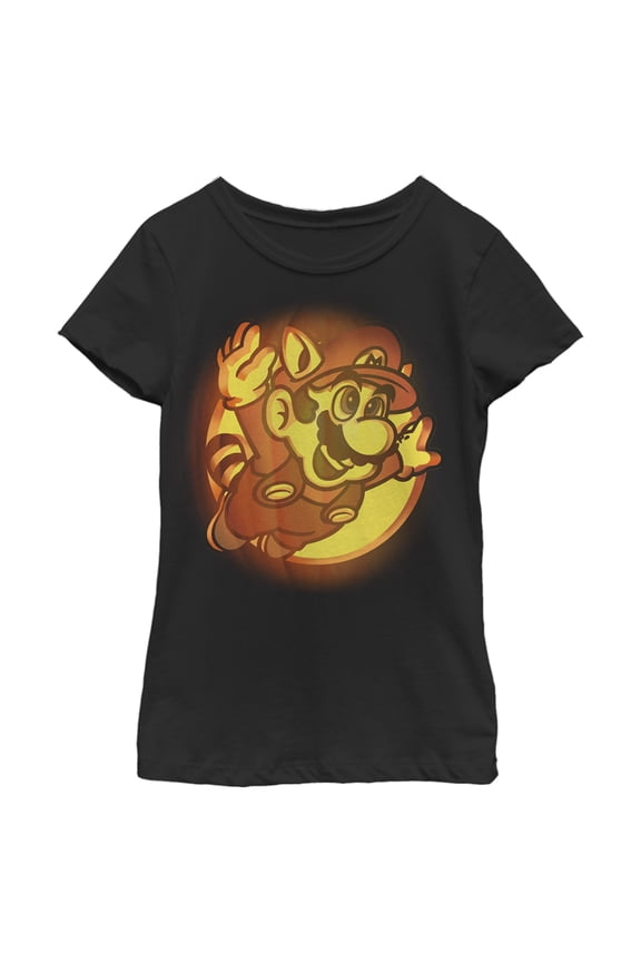 Girl's Nintendo Super Mario Bros. 3 Raccoon Mario Jack-O'-Lantern Graphic Tee Black X Large