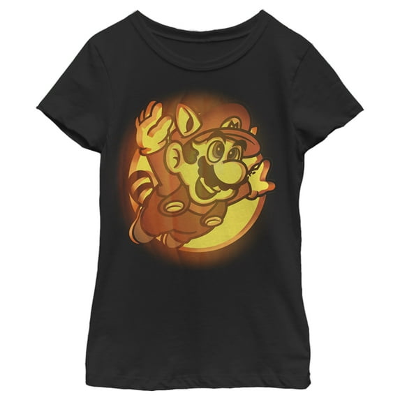 Girl's Nintendo Super Mario Bros. 3 Raccoon Mario Jack-O'-Lantern Graphic Tee Black X Large