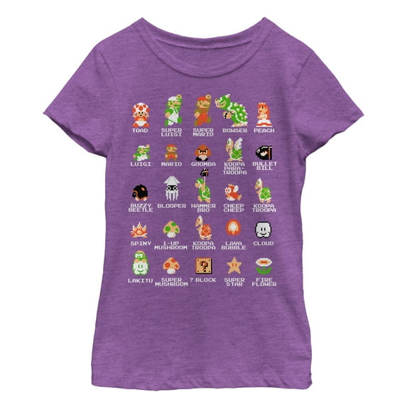 Girl's Nintendo Super Mario Bros Character Guide Graphic Tee Purple Berry Large
