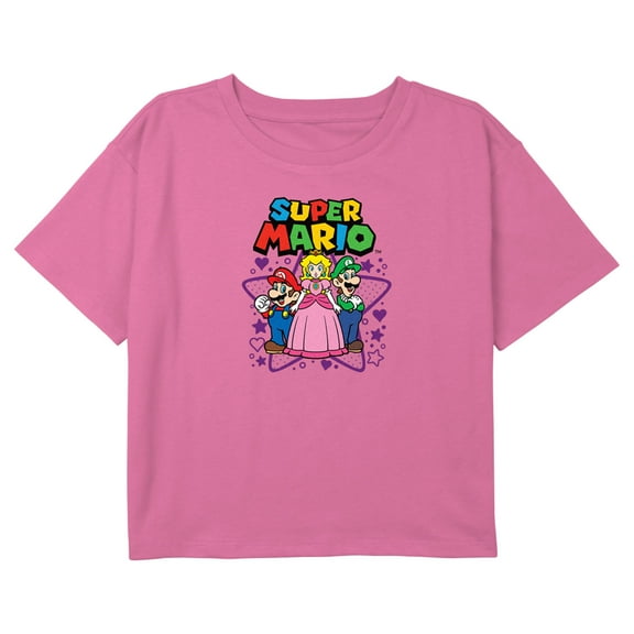Girl's Nintendo Super Mario Bros Characters Logo Graphic Cropped T-Shirt Light Pink Medium