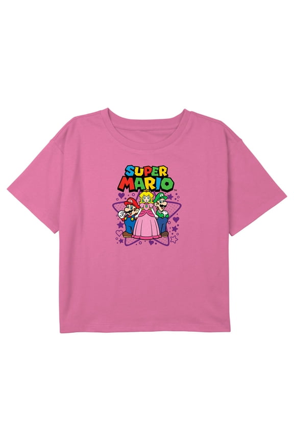 Girl's Nintendo Super Mario Bros Characters Logo Graphic Cropped T-Shirt Light Pink X Large
