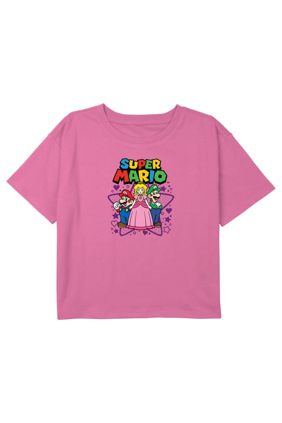 Girl's Nintendo Super Mario Bros Characters Logo Graphic Cropped T-Shirt Light Pink X Small