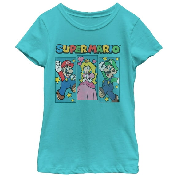 Girl's Nintendo Super Mario Brothers and Princess Peach  Graphic Tee Tahiti Blue X Large