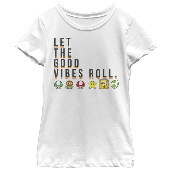 Girl's Nintendo Super Mario Items Let The Good Vibes Roll Graphic Tee White Small