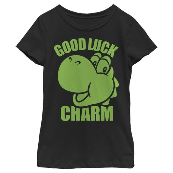 Girl's Nintendo Super Mario St. Patrick's Day Yoshi Good Luck Charm Graphic Tee Black Medium