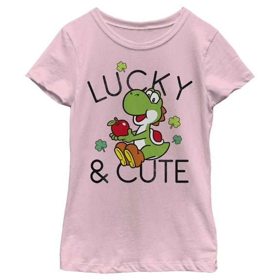 Girl's Nintendo Super Mario Yoshi St. Patrick's Day Lucky and Cute  Graphic Tee Light Pink X Large