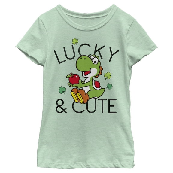 Girl's Nintendo Super Mario Yoshi St. Patrick's Day Lucky and Cute  Graphic Tee Mint Medium
