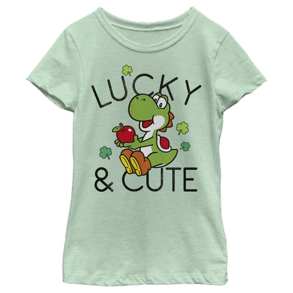 Girl's Nintendo Super Mario Yoshi St. Patrick's Day Lucky and Cute Graphic Tee Mint Medium