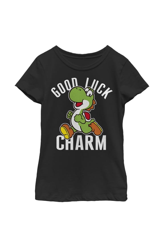Girl's Nintendo Super Mario Yoshi St. Patrick's Good Luck Charm  Graphic Tee Black X Small