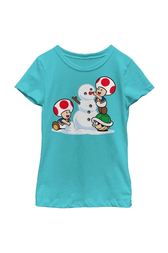 Girl's Nintendo Toad Snowman  Graphic Tee Tahiti Blue Small