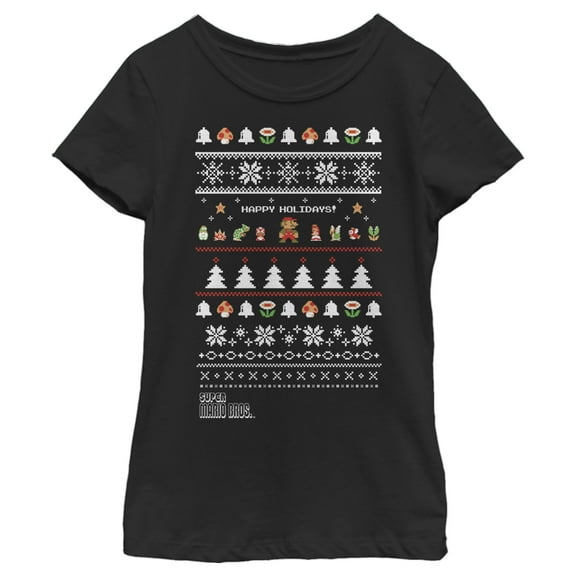 Girl's Nintendo Ugly Christmas Super Mario Happy Holidays  Graphic Tee Black X Large