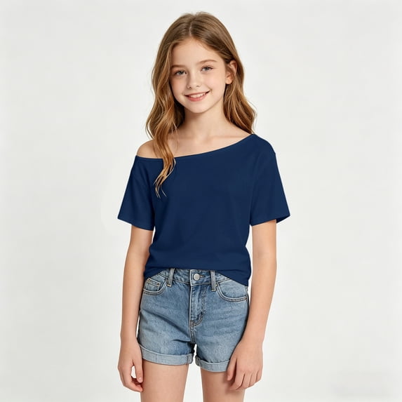 Girl's Off The Shoulder Tops Short Sleeve Loose Cute Summer T Shirts for Teens Girls Y2k Tops Summer Trendy Tee(Navy,11-12 Years)