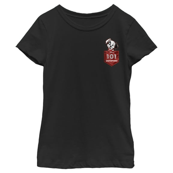 Girl's One Hundred and One Dalmatians Patch in the Pocket  Graphic Tee Black Large