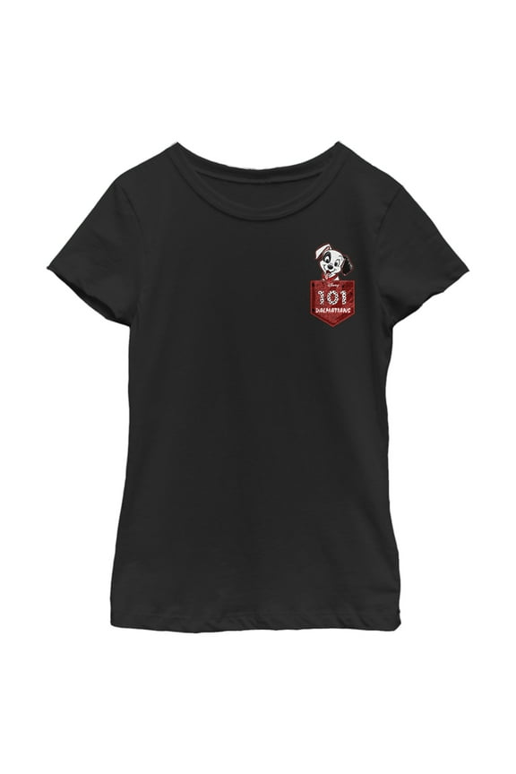 Girl's One Hundred and One Dalmatians Patch in the Pocket Graphic Tee Black Large
