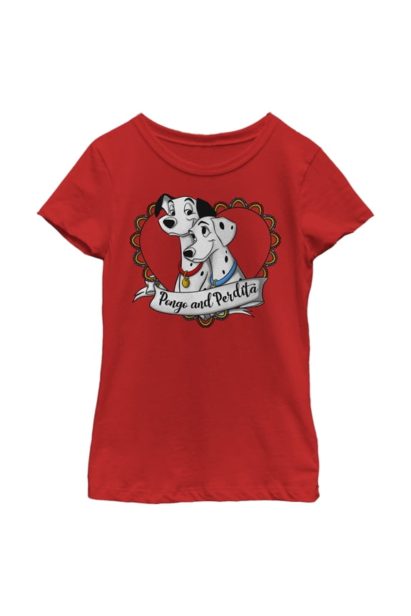Girl's One Hundred and One Dalmatians Pongo and Perdita Heart Love Graphic Tee Red X Small