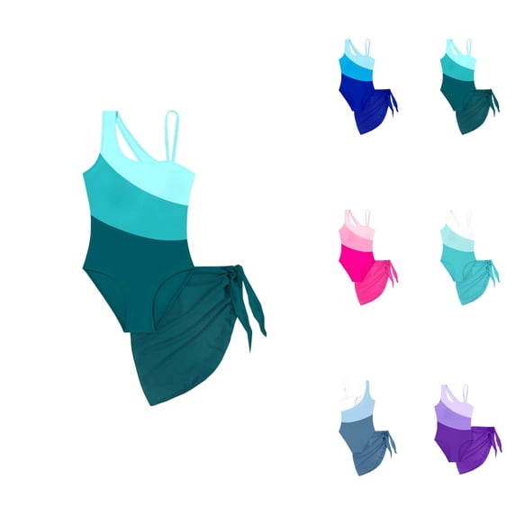 Girl's One Piece Swimsuit with Color Block Cutout & One Shoulder Design, Includes Mesh Cover Up