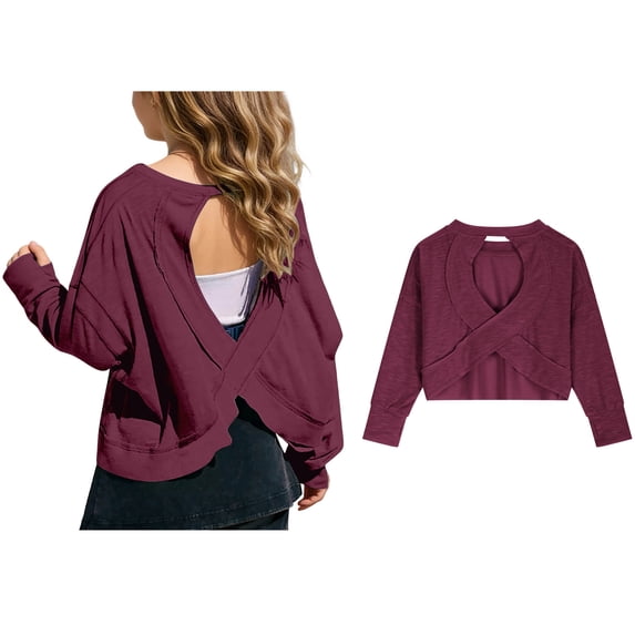 Girl's Open Back Backless Tops Long Sleeve T Shirts Crewneck Casual Tees Summer Shirts 9-10 years