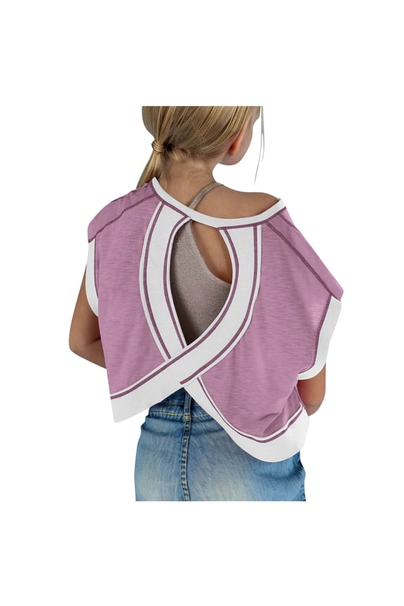 Girl's Open Back Workout Tops Cotton Short Sleeve Crew Neck Criss Cross T Shirts Summer Lightweight Loose Running Gym Clothes
