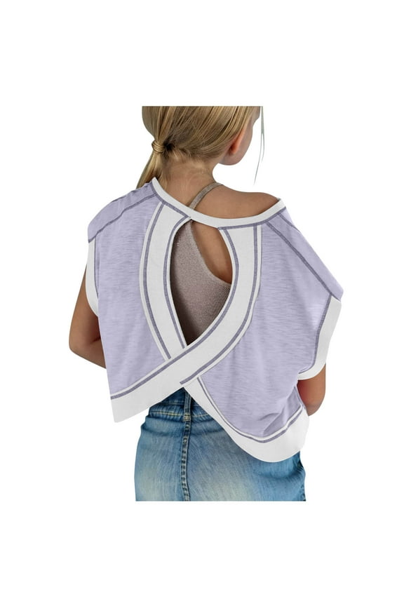 Girl's Open Back Workout Tops Cotton Short Sleeve Crew Neck Criss Cross T Shirts Summer Lightweight Loose Running Gym Clothes
